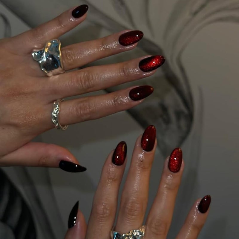 KQueenest Dark Red Cat Eye Press on Nails Short Oval, 30 Pcs Glitter Burgundy Fake Nails Short, Thick Shiny Sparkle Nails Press on, Cute Bling Acrylic Stick on Nails for Women Small Hand - Image 3